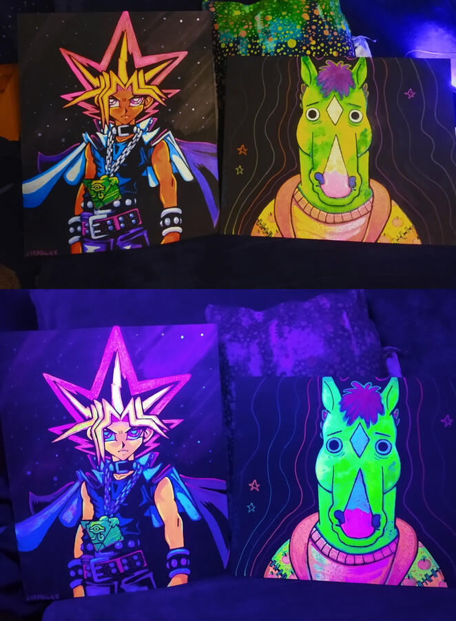 yugi & bojack blacklight paintings for SIL, 2021